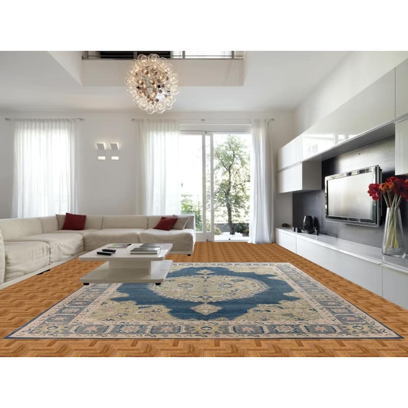 Hand Knotted Oriental 100% Wool Carpet Transitional Medallion Navy Blue & Blues Oushak Area Rug - 14' 9'' X 11' 10''