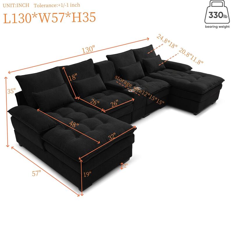 U-shaped Sectional Sofa with Chaise, Built-in Storage Console and Cup Holders, Linen Double-Layer Cushioning Lounge Couch
