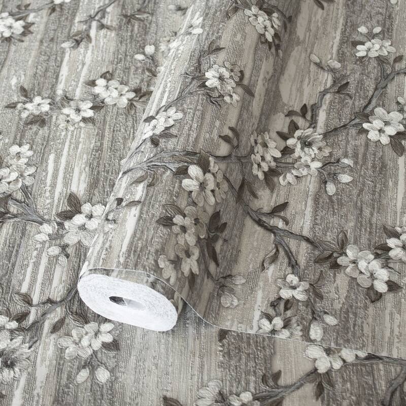 Flocked Botanical Blossom Pattern Stylish Floral Wallpaper