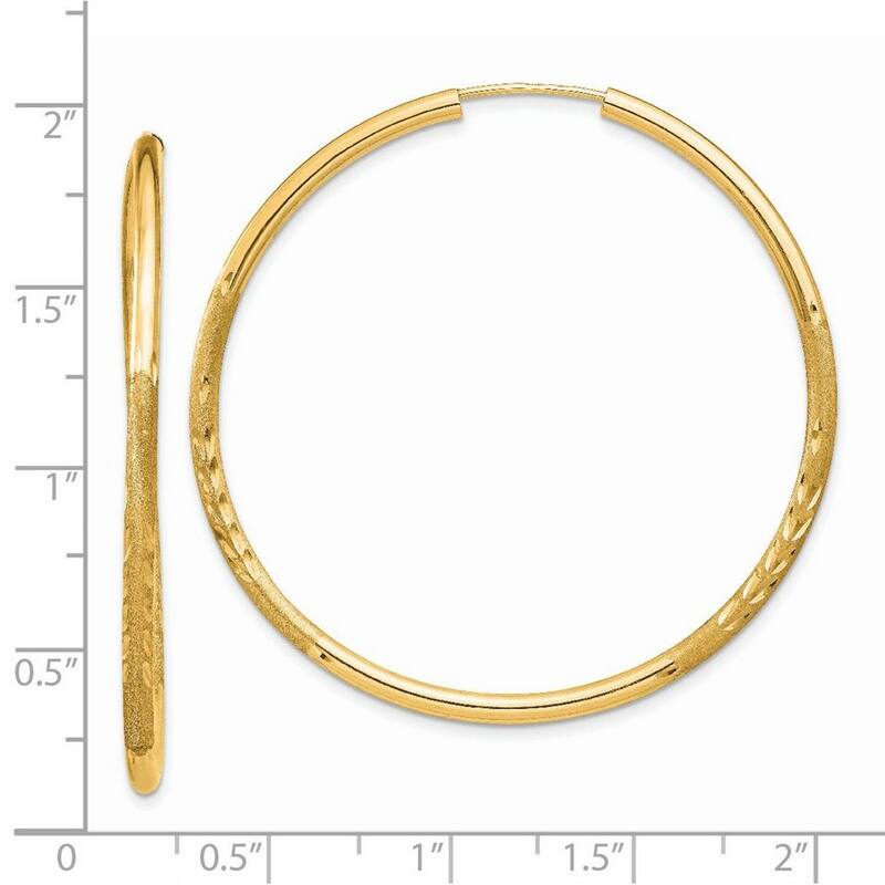 Curata 14k Yellow Gold Polished tube 2mm Satin Sparkle Cut Endless Hoop Earrings - 40x40mm Wide 2mm Thick