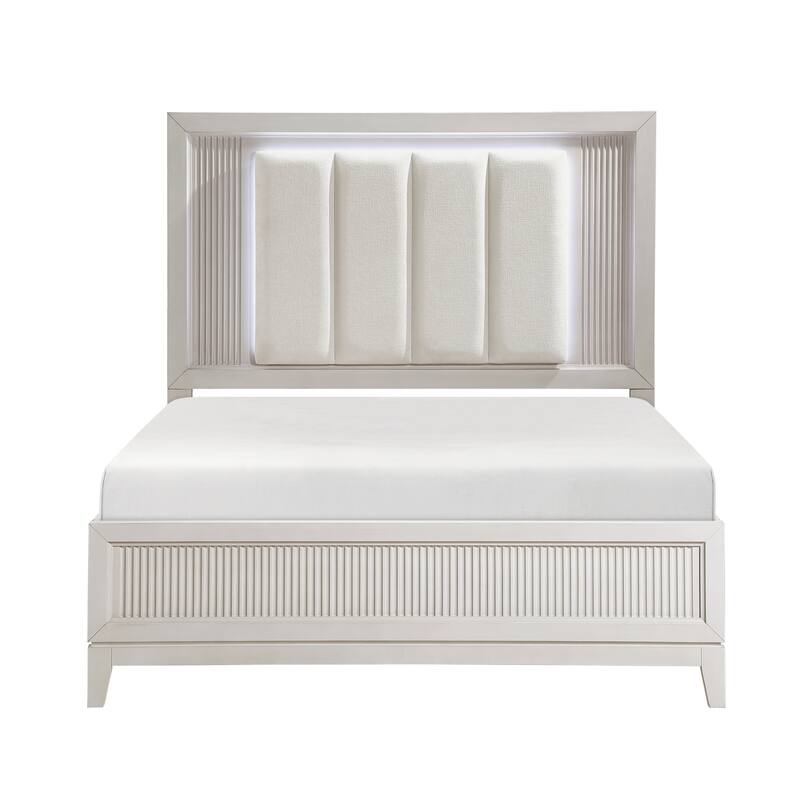 Queen Bed with LED Headboard and Upholstered Cushion, Reeded Fronts, Modern Bedroom Furniture - Antique White Finish
