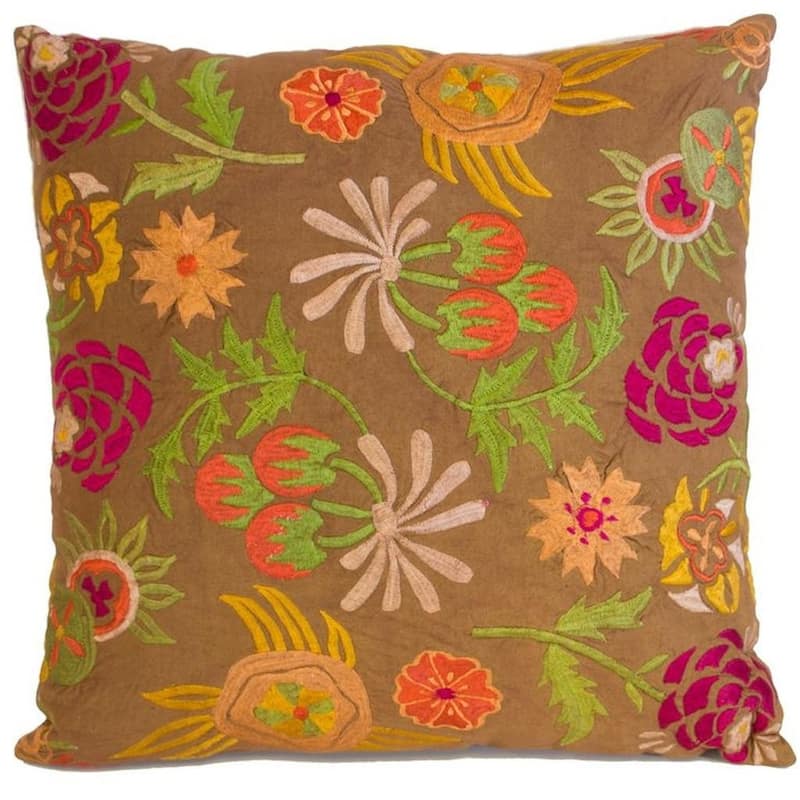 Set of Two 20" Brown Green And Pink Floral Cotton Throw Pillows with Embroidery