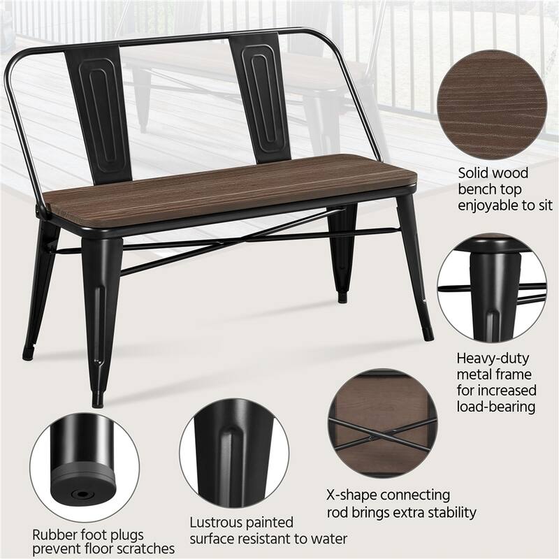 Yaheetech Metal Dining Bench with Wooden Top and Detachable Backrest, Black