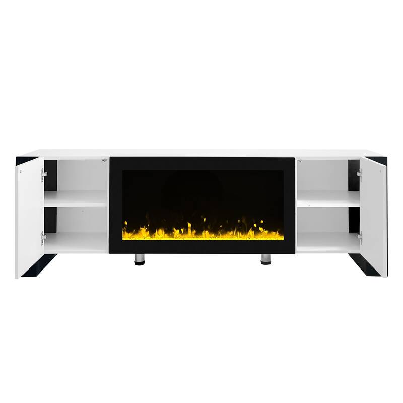 Modern High Gloss Finish V Stand with 34.2" Non-heating Electric Fireplace, Entertainment Center with 2 Cabinets