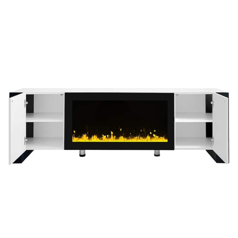 Roomfitters Modern Media Console with Electric Fireplace, High Gloss TV Stand with Cabinets for TVs up to 78"