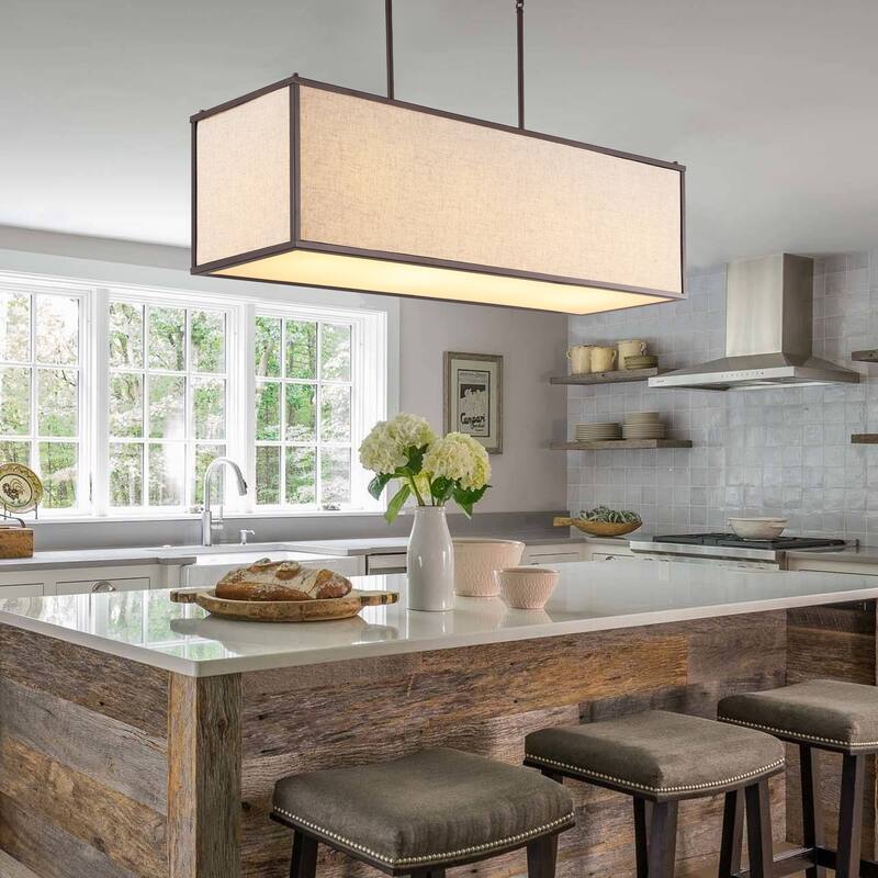 Crosby 42" 4-Light Minimalist Industrial Rectangular Linen Iron Linear LED Pendant, Oil Rubbed Bronze/Beige by JONATHAN Y