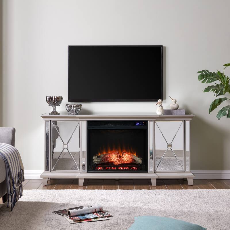 58 in. Freestanding Wood Smart Electric Fireplace TV Stand in White for energy efficient home heating