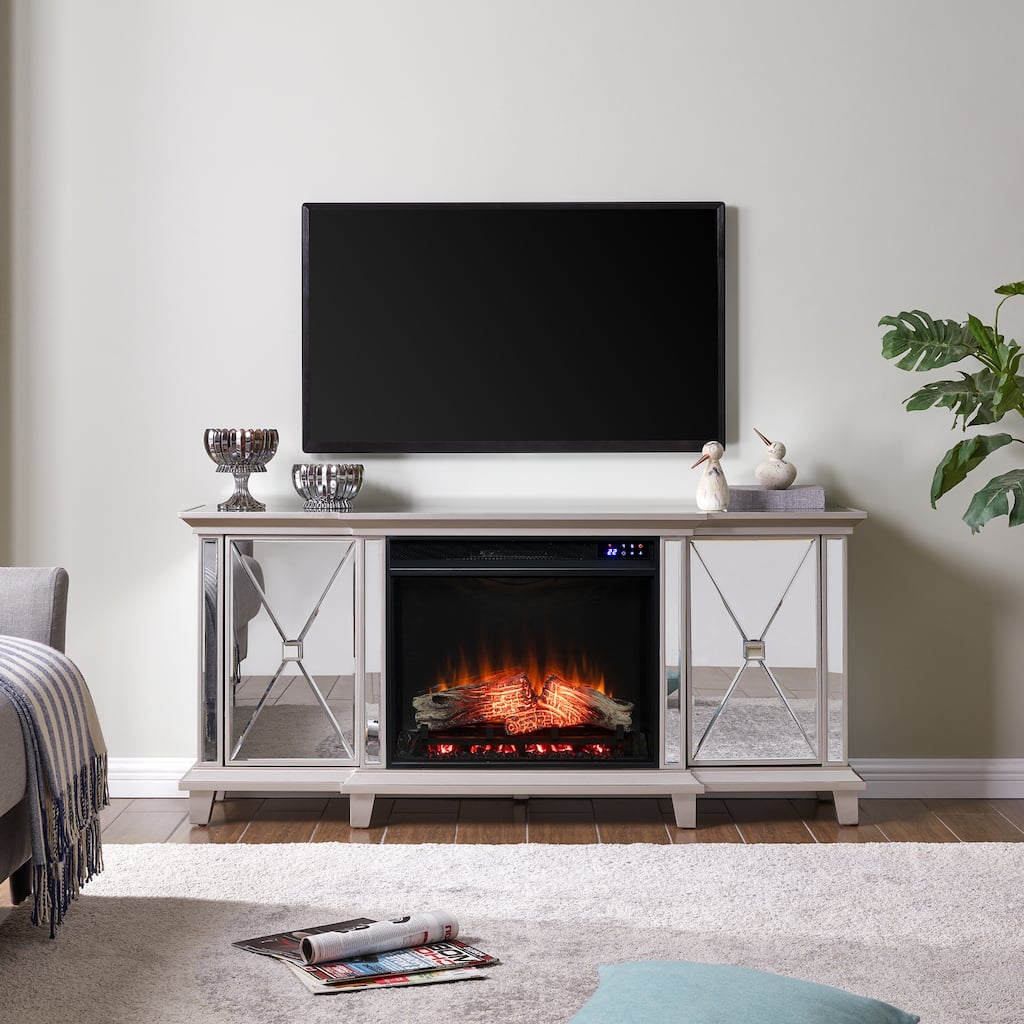 58 in. Freestanding Wood Smart Electric Fireplace TV Stand in White for energy efficient home heating