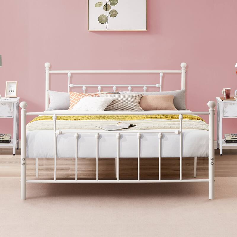 VECELOWhite Modern Bed Frame with Headboard and Footboard Sturdy Slat Support 12.6" Under-Bed Storage Space No box spring needed - Queen