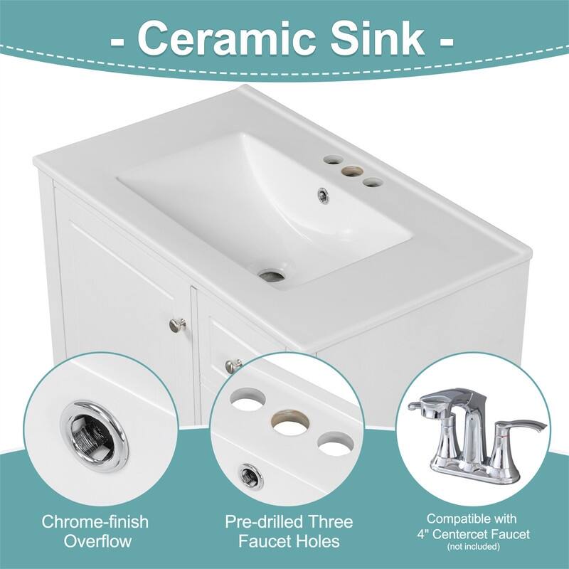 30" Bathroom Vanity with Ceramic Sink, Freestanding Bathroom Vanity Cabinet w/ 3 Storage Drawers, 1 Soft Close Door & Door Shelf