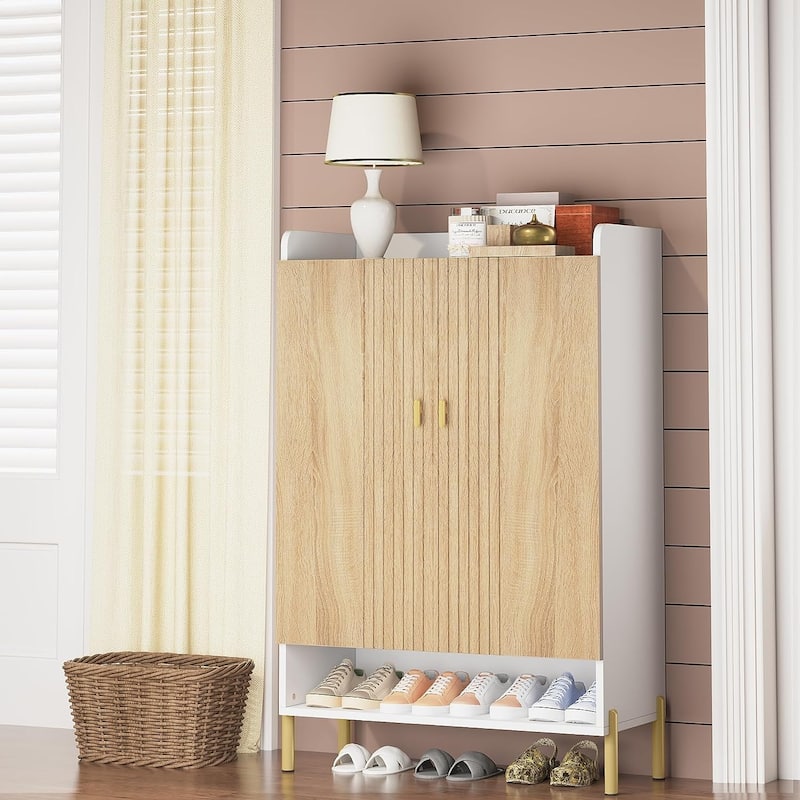 6 Tiers Shoe Cabinet Storage, Freestanding Wood Shoe Rack with Doors - 6-Tier