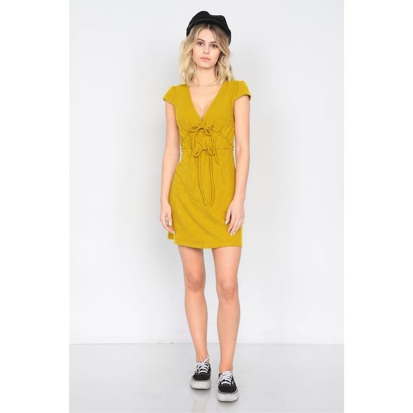 Mustard Ribbed V-neck Cap Sleeve Mini Solid Casual Dress - Bed Bath &  Beyond - 41098457