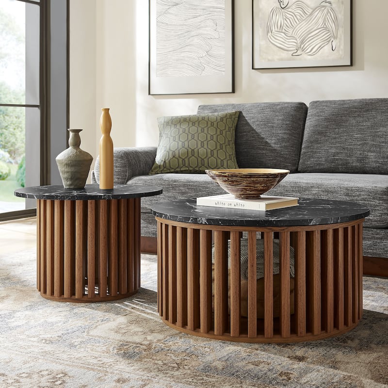 Fortitude Round Faux Marble Top Nesting Coffee Table Set - Walnut Black