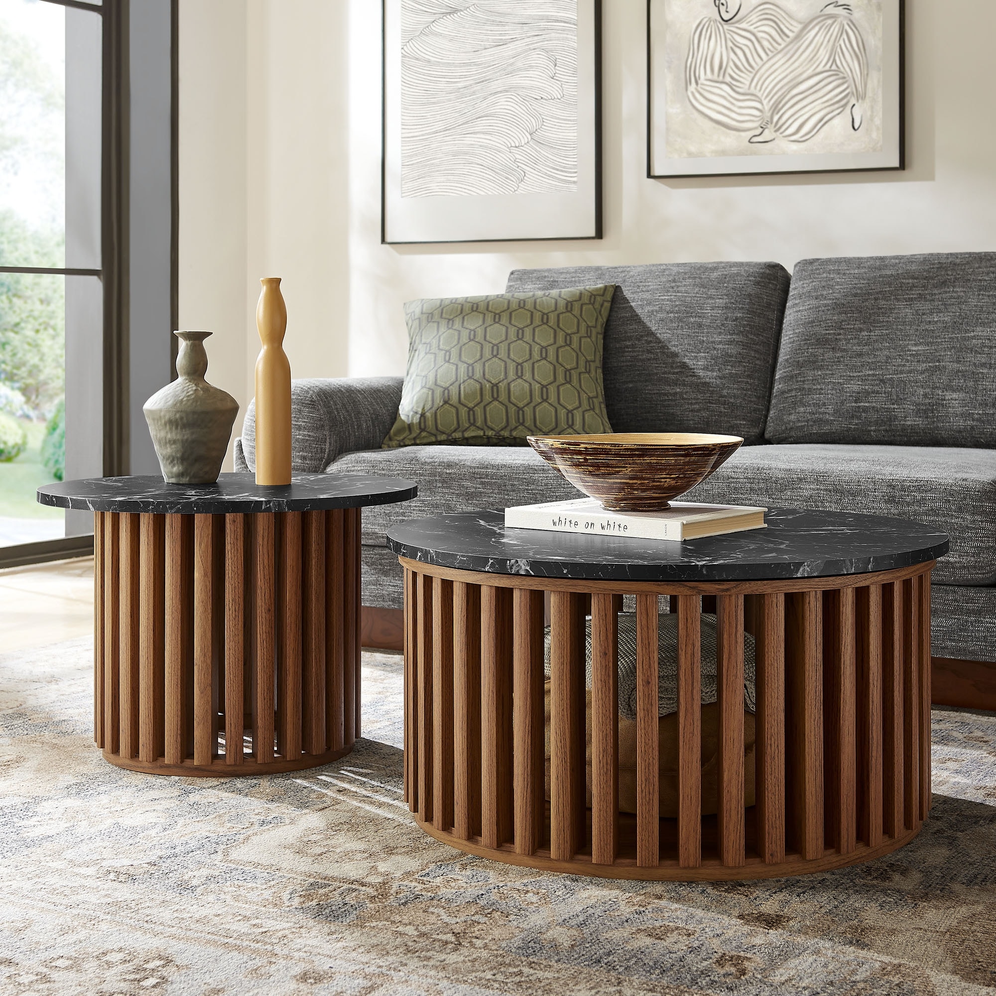 Fortitude Round Faux Marble Top Nesting Coffee Table Set
