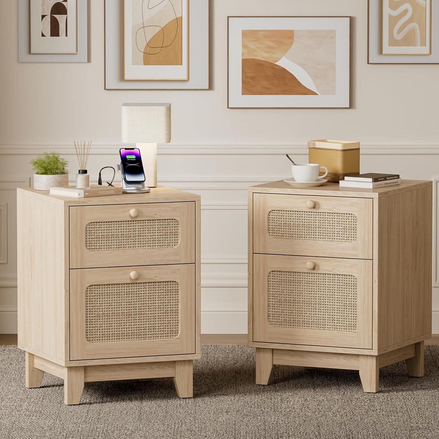 Set of 2 Boho Nightstands with Drawer, Charging Station, and Handwoven Rattan Design