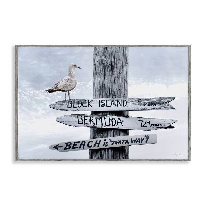 Stupell Vacation Beach Signs with Seagull Framed Giclee Art Design By Robin-Lee Viera - 24 x 16 - Grey