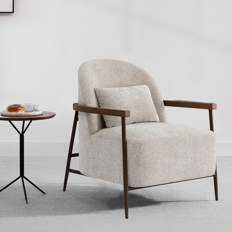 Spruce & Spring Anthony Modern Upholstered Faux Sherpa Chair with Wood Arms&Metal Legs - Single - Grey-Smooth Woven Fabric