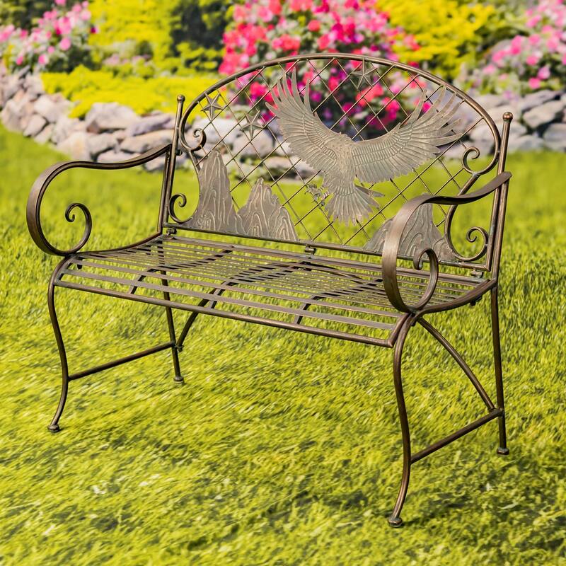 Round Top Iron Garden Bench with Flying Eagle Backrest "Klamath" - 43.7" L x 20.47" W x 37.4" H