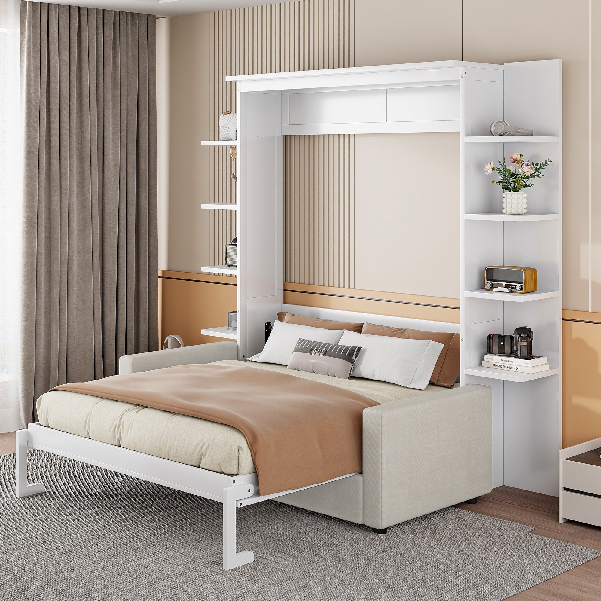 Queen Murphy Bed with Sofa, Space-Saving Wall Bed, Foldable Design