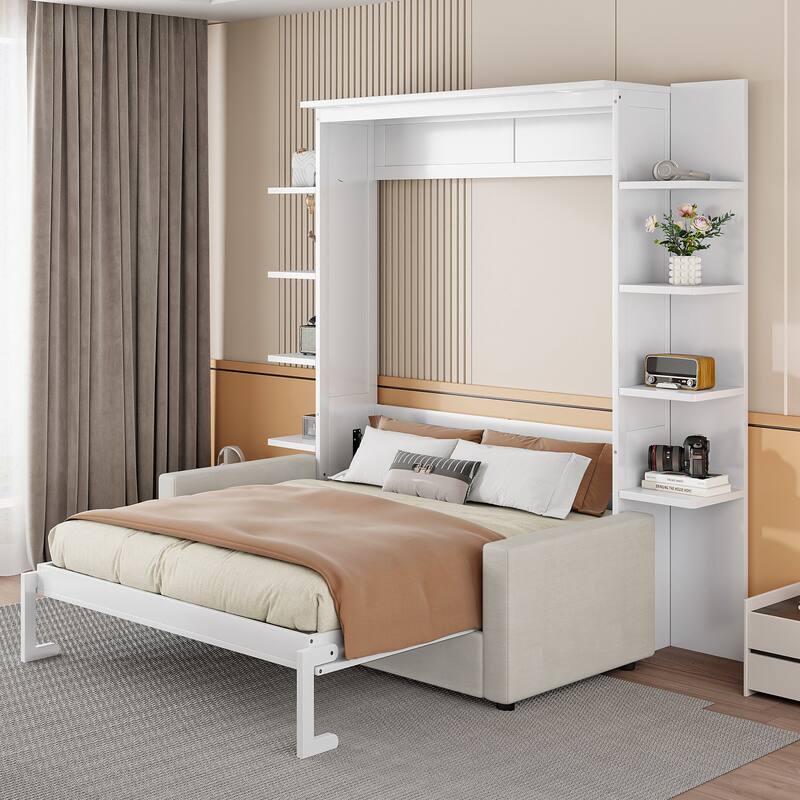 Queen Murphy Wall Bed with Built-In Sofa, Fold-Away Design, and Storage Cabinet for Space-Saving Living Spaces - White