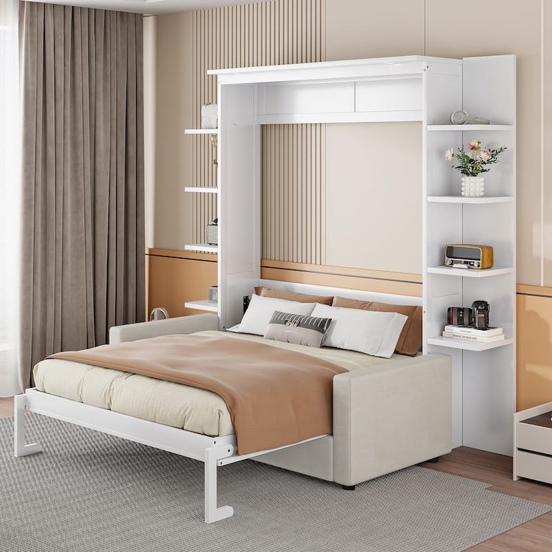 Space-Saving Queen Size Murphy Wall Bed with Sofa and Storage Shelves, LED Lights, and Foldable Cushions - White
