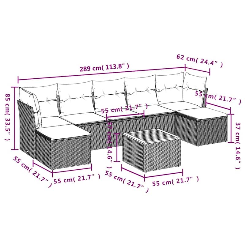 vidaXL 8 Piece Patio Sofa Set with Cushions Black Poly Rattan - 24.4 x 24.4 x 27.2