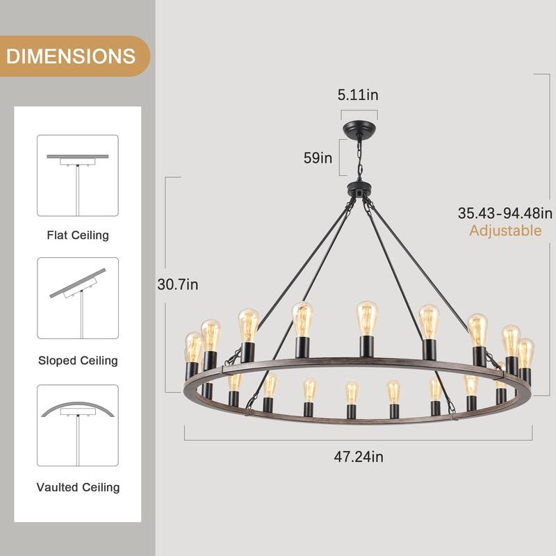 20 - Light Farmhouse Metal Round Industrial Chandelier for Dining Room Entryway Kitchen Island - N/A