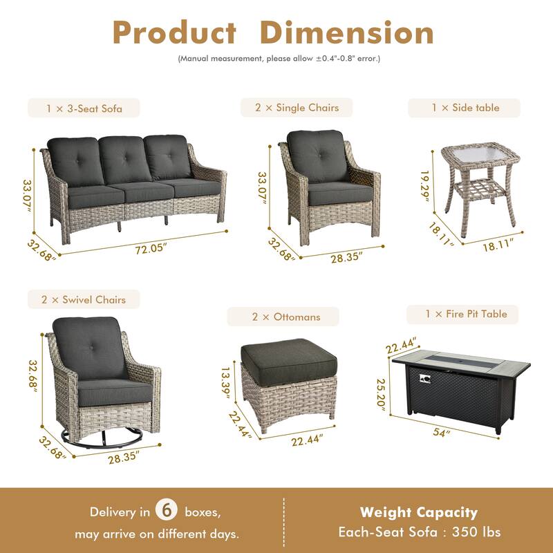 HOOOWOOO 9-piece Rattan Outdoor High Backrest Swivel Chair Set with 54"Fire Pit