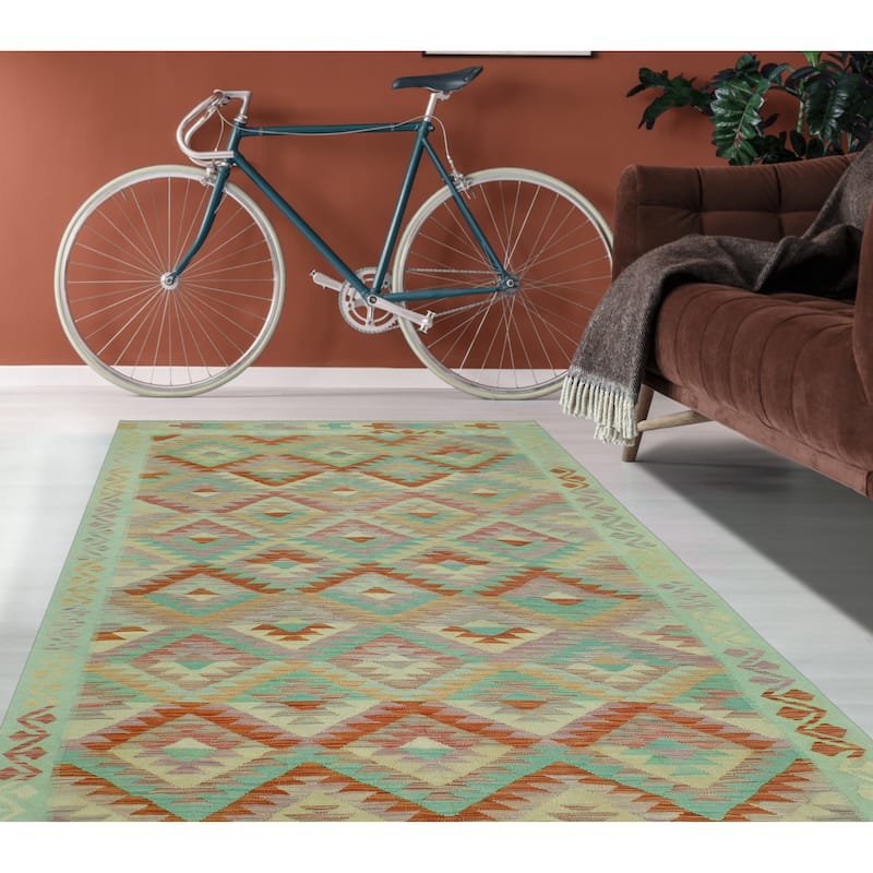 Sun Faded Flatweave Beore Red/Blue-Green Rug - 6'1" x 9'8"