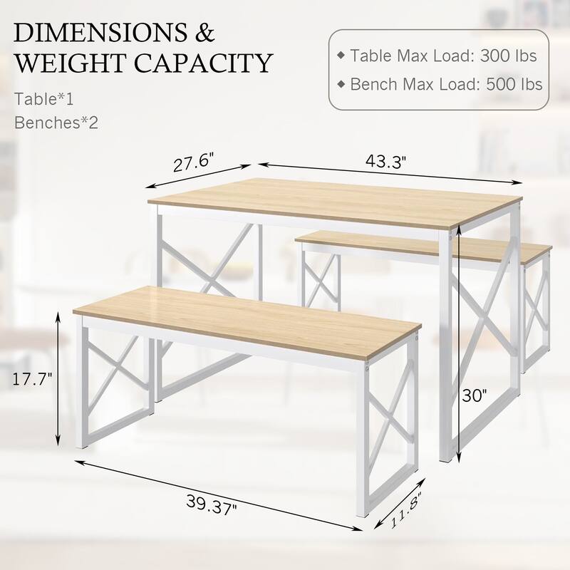 44.3" Dining Table with Benches Kitchen Table set for 4 Rectangular Dining Room Table Set with 2 Metal Wood Benches