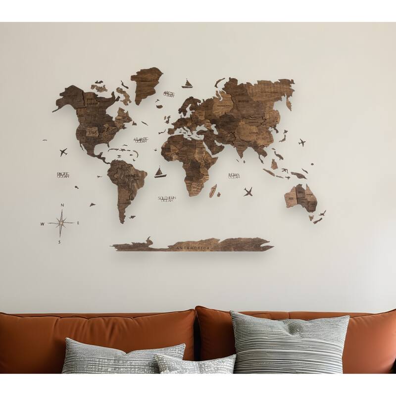 HomeRoots 35" X 59" Dark Brown Wood World Map Hanging Dimensional Sculpture - Dark Brown - 59.00 in. x 35.00 in.  x 0.47 in.