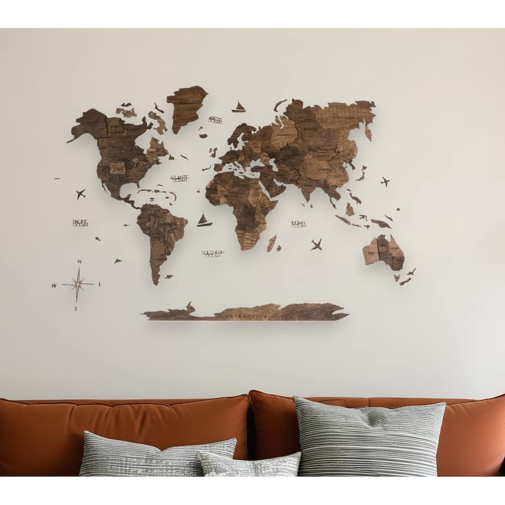 HomeRoots 35" X 59" Dark Brown Wood World Map Hanging Dimensional Sculpture