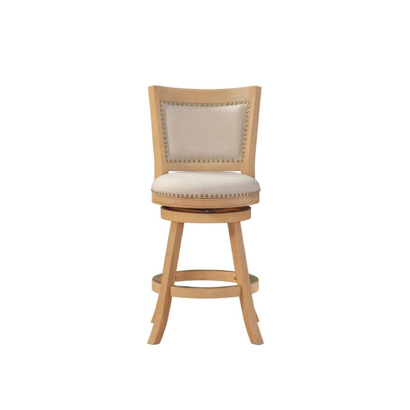Kia 24 Inch Solid Wood Swivel Counter Stool, Curved Panel Back, Brass Nailheads, Ivory