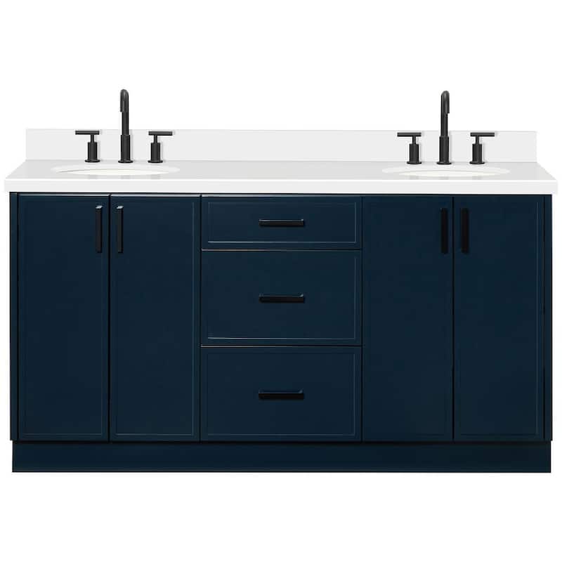 Ariel K67DWQOVO Kelly 67" Free Standing Double Oval Basin Vanity Set - Midnight Blue / Pure White Quartz / Matte Black