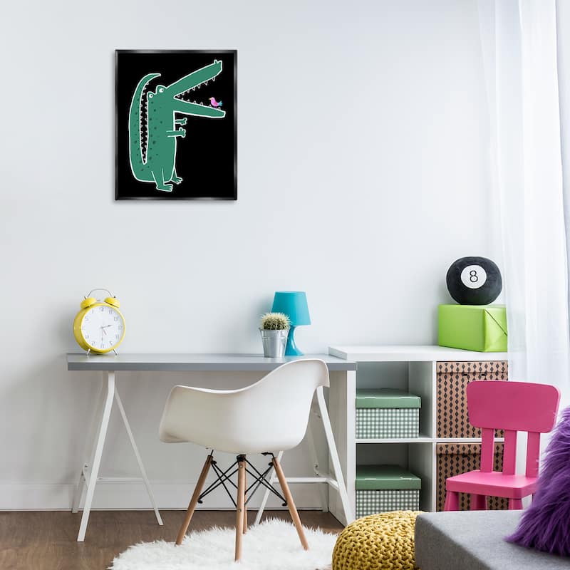 Stupell Alligator & Bird on Black Framed Floater Canvas Wall Art Design By Carla Daly
