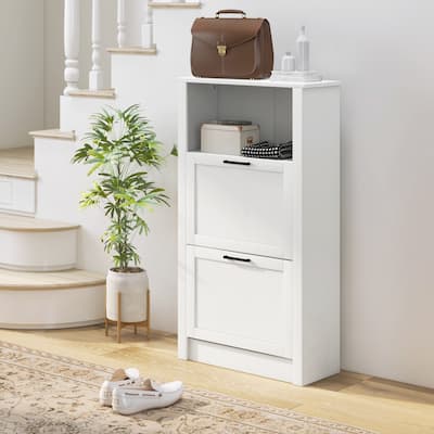 HOMCOM Shoe Cabinet, Freestanding Shoe Storage Cabinet Organizer with 2 Flip Drawers, Adjustable Shelves