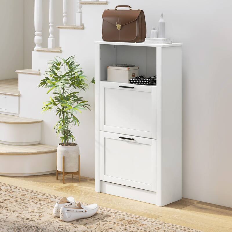White Shoe Organizer Cabinet with Removable Dividers and 2 Flip Drawers for 10-Pair Capacity - 22.75" W x 9.5" D x 41.25" H