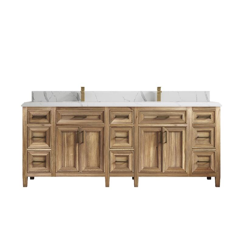 Willow Collections 84 in. W x 22 in. D Santa Monica Teak Double Sink Bathroom Vanity with Countertop - 1.5" Calacatta Laza - Whitewashed Teak