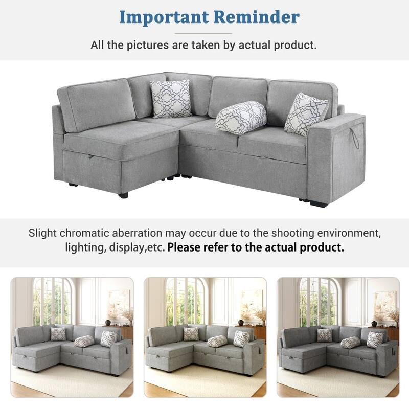 83.9" L-shaped Convertible Sectional Sofa with Dual Pull-out Sleepers, Flip-Top Table, USB Ports, Cup Holder