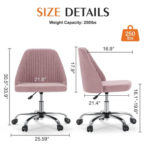 dimension image slide 5 of 6, Armless Fabric Home Office Desk Chairs, Adjustable Height Swivel Task Vanity Chair, Task Chairs with Swivel Wheels - N/A