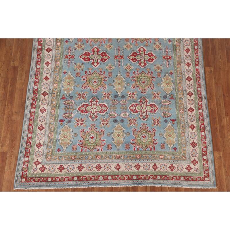 Hand Knotted Oriental 100% Wool Carpet Traditional All-Over Navy Blue & Blues Kazak Area Rug - 9' 8'' X 6' 6''