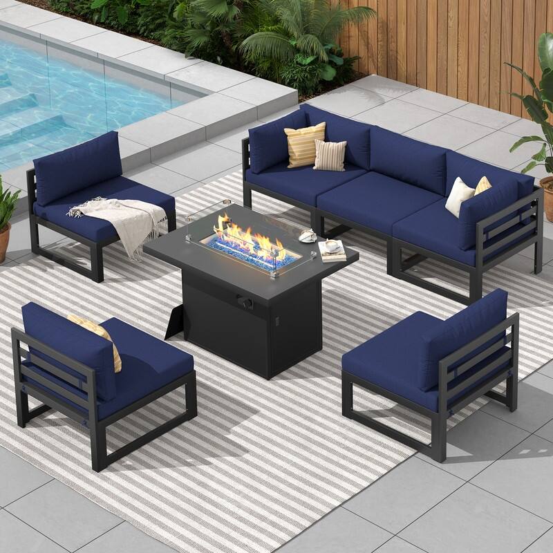 FINCATI Aluminum Outdoor Patio Furniture Conversation Sectional Sofa Set - 7 Pieces-A - Navy Blue