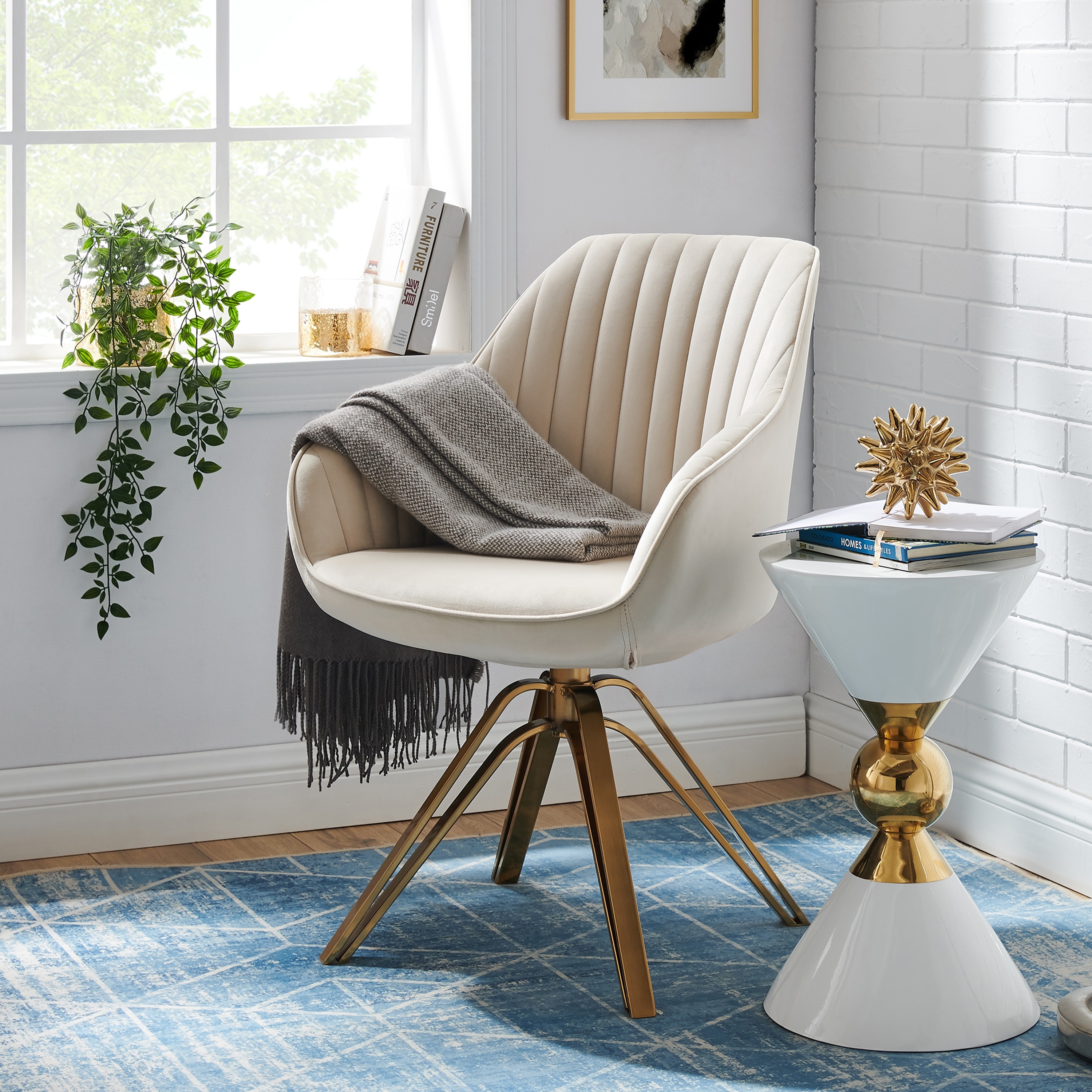 Art Leon Classical Velvet Swivel Office Accent Chair with Golden Legs