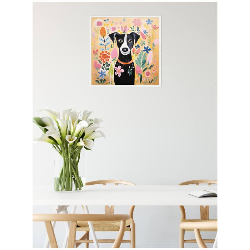Kate and Laurel Sylvie Black and White Dog Botantical Yellow Framed Canvas by The Creative Bunch Studio