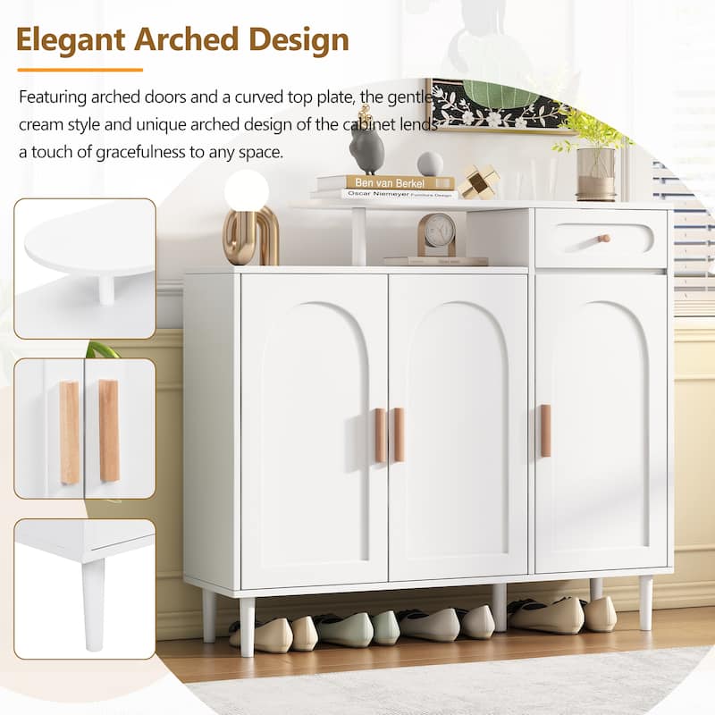 Modern Shoe Storage Cabinet with Arched Doors, Drawer, and Adjustable Shelves for Home