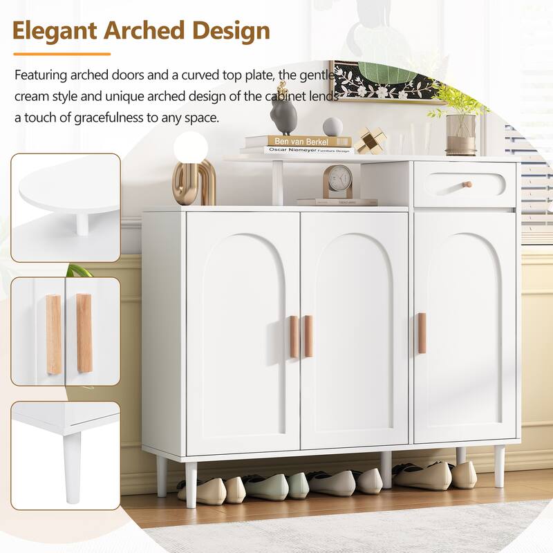 Stylish Shoe Storage Cabinet Sideboard with Arched Doors, Drawer and Adjustable Shelves for Entryway, Hallway, Porch Organize