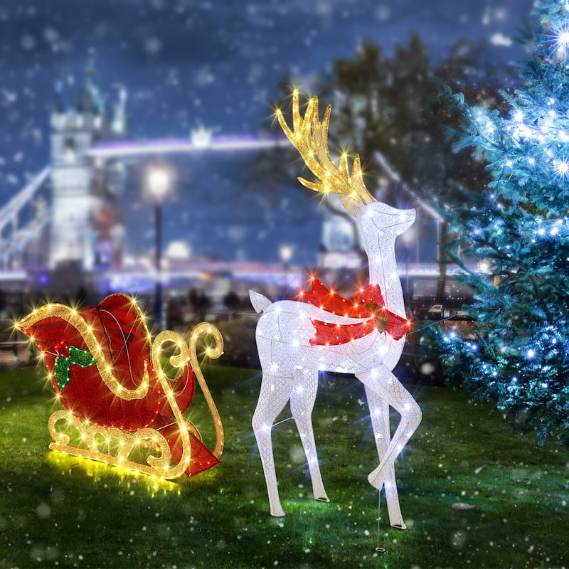 Gymax Lighted Christmas Reindeer & Sleigh Set Light-up Xmas - Multi - See Details