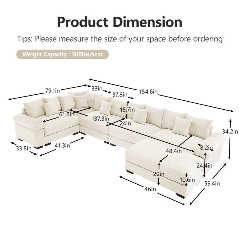 GDFStudio - Corduroy 5-Seater 154.6" Cloud Modular Sectional Couch with Ottoman