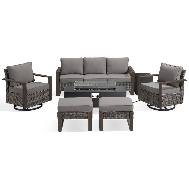 Meyreso Wicker Outdoor Patio Fire Pit Set with Swivel Gliders & 4.5-Inch Olefin Cushions