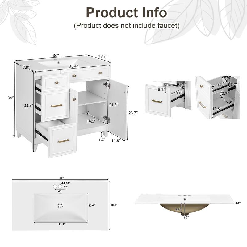 36" Bathroom Vanity with Ceramic Sink,Standard and Double-Layer Drawers